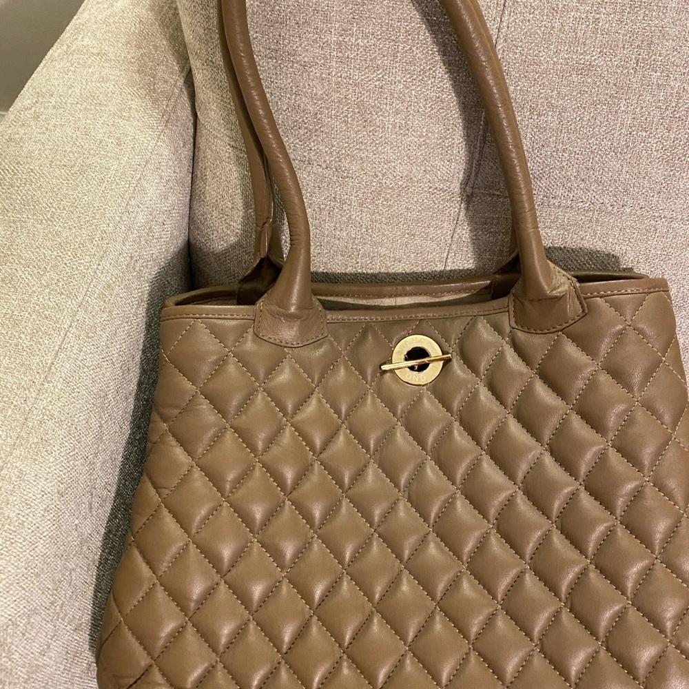 Franchetti Bond Tan Quilted Tote with Gold Hardware